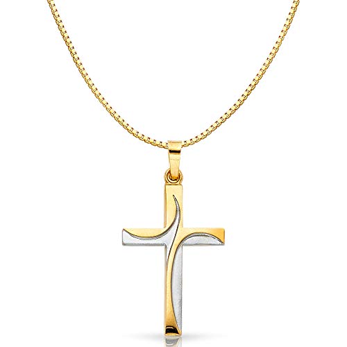 14K Two Tone Gold Religious Cross Charm Pendant with 0.8mm Box Chain Necklace