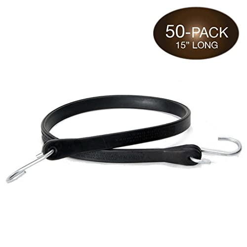 Pack Of 50 Tarp Straps For Flatbed Trailers, 15" Long Natural Rubber Bungee Cord Tie-Downs Ideal For Securing Tarps, Canvases, Cargo In Cold Climates | Tie-Downs W/Metal S-Hooks #TOP1