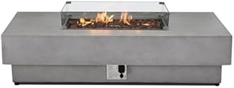 2 Pieces 60-Inch Outdoor Propane Fire Pit Table w/Wind Guard - 50,000 BTU, Concrete Rectangle Firepits | Integrated Ignition, Steel Lid, Lava Rocks & Rain Cover Included