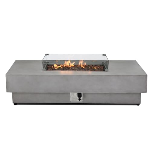 2 Pieces 60-Inch Outdoor Propane Fire Pit Table w/Wind Guard - 50,000 BTU, Concrete Rectangle Firepits | Integrated Ignition, Steel Lid, Lava Rocks & Rain Cover Included