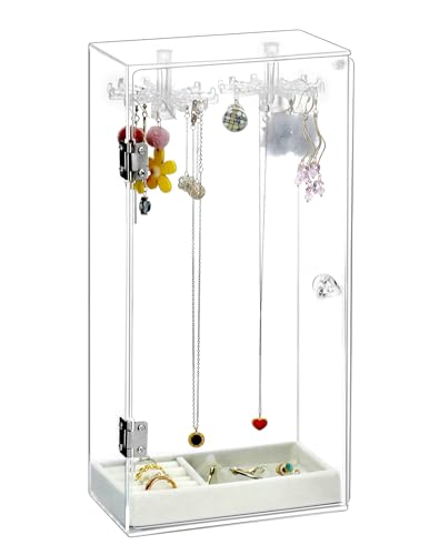 QWORK® Soporte De Joyería, Organizador De Collares, Caja De Collar De Acrílico, Con Ganchos Giratorios Y Bandeja, Almacenamiento De Anillos, Collares, Pulseras