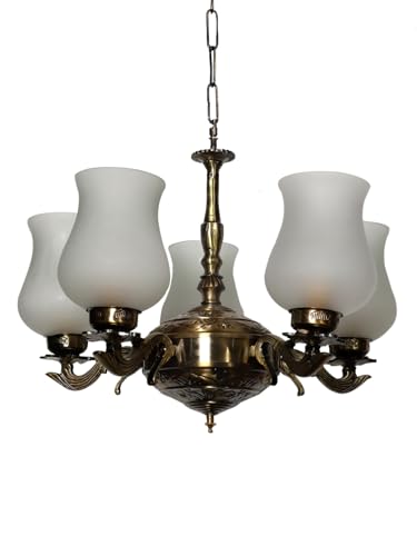 Image of Devansh 05 Lights Milky White Glass Shade with Antique Golden Chandelier -Q