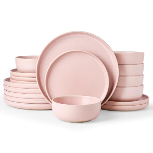 Image of Famiware Milkyway 18-Piece Stoneware Dinnerware Set, Light Pink | Plates and Bowls for 6, Reactive Glaze Dish Set, Microwave & Dishwasher Safe, Chip & Scratch Resistant