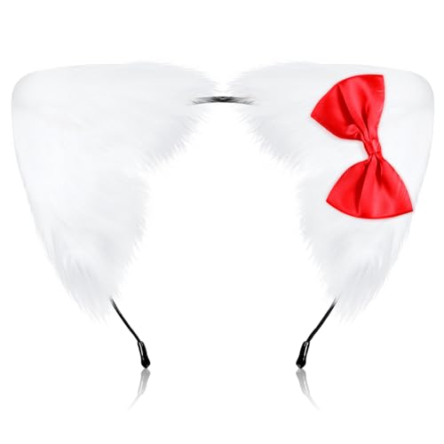 Canlierr Women Kitty Cat Ears Headband 8 x 7 In Cat Bow Ears Kitty Bow Headband for Halloween Cosplay Birthday Party Costume(Red Retro)