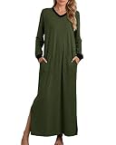 Women's Nightshirt Long Sleeve Nightgown Round Neck Sleepwear Full Length Pajama Dress with Pockets