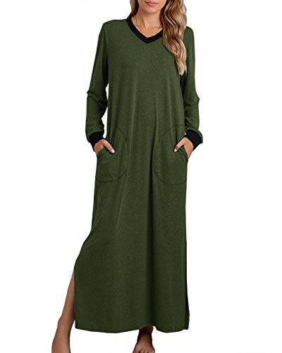 Women's Nightshirt Long Sleeve Nightgown Round Neck Sleepwear Full Length Pajama Dress With Pockets Loungewear #TOP14