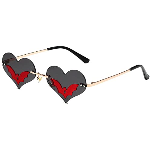 Andy's Orchids Sun Glasses, Heart-shaped Bat Sunglasses, Novel Rimless Goth Glasses for Women Men Festival Party Glasses Trendy Eyewear UV 400 Protection