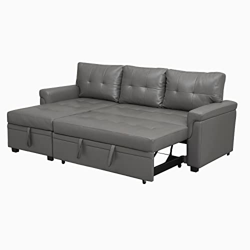 Naomi Home Laura Sectional Sleeper Sofa With Pull Out Bed, Reversible Sleeper Sectional Sofa Bed, Best Sleeper Sofa Couch With 168L Storage, L-Shape Pull Out Couch Bed Sleeper Sofa – Air Leather/Gray #TOP7