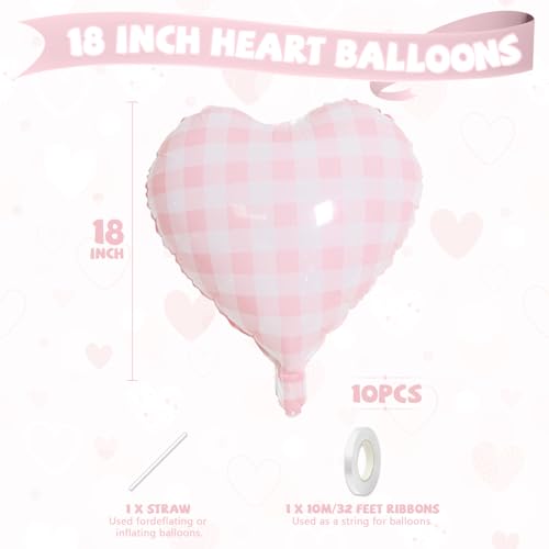 Image of Pink White Checkered Heart Balloons, 10 Pcs Light Pink Grid Heart Shape Balloon, 18 Inch Lattice Foil Valentines Balloons for Kids Girls Birthday Wedding Valentines Bridal Baby Shower Party Decoration
