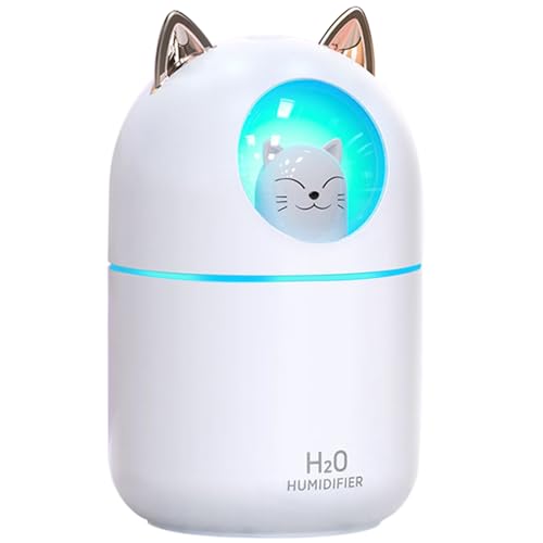 Small Humidifier Cute Portable Cool Mist Humidifier 300ML 7 Color Night Light USB Air Humidifier for Bedroom Office Desk Car Plants Travel (White)