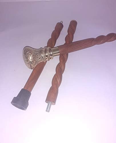 Brass Walking Stick Head Handle knob Wooden Shaft Cane Spiral Three fold