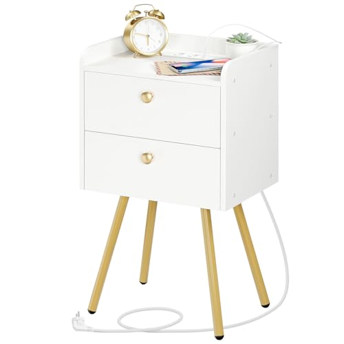 HOOBRO Nachttisch mit Ladestation, moderner Beistelltisch mit 2 Schubladen und offenem Regal, Sofa-Beistelltisch, Metallbeine, für Schlafzimmer,...