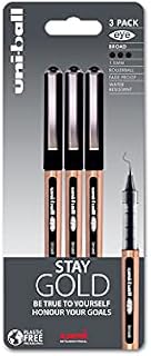 Uni-Ball UB-150-10 Eye On Point Stay Gold Broad Ballpoint Black Pens. Premium 1.0mm Rollerball Tip for Super Smooth Handwriting. Fade and Water Resistant Liquid Uni Super Ink. Pack of 3