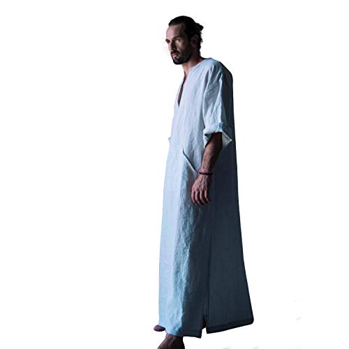 7 Veils Men’s Natural Linen Robe Casual Caftan Cotton Thobe V Neck Long Gown Dress Shirt Kaftan （Light Blue L #TOP5