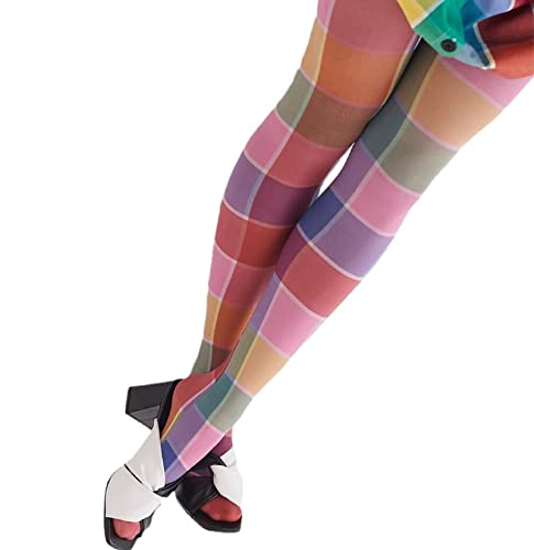 Nufiwi Women Sexy Sheer Tights Leggings Patterned Pantyhose Stockings Print Y2K Funky Tights Vintage 90S Streetwear Punk(Plaid Colorful,One Size) #TOP1