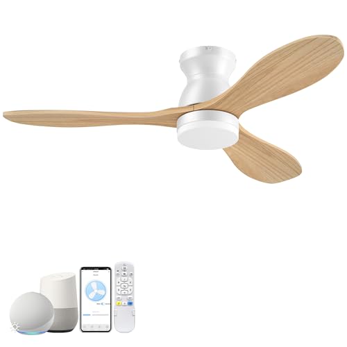 42" Wood Ceiling Fans with Lights,Smart Control via Remote WiFi Alexa APP,Quiet DC Motor,Modern Flush Mount Ceiling Fan for Low Profile Bedroom,Patio,3 Blade,Natural Wood and White,Outdoor Indoor,Dim