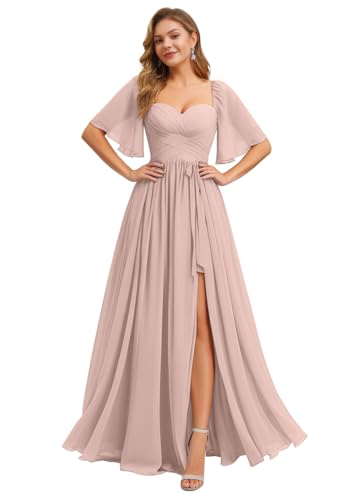 Image of IIF Women's Chiffon Bridesmaid Dresses for Wedding Flutter Sleeves Ruched A Line Long Formal Dress with Slit IIF149