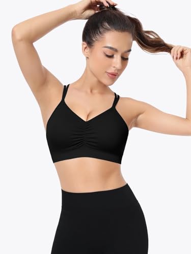 Image of VEQKING Ruched Sports Bras for Women Large Bust, Seamless Yoga Bra, 3 Pack | Removable Padded, Strappy Criss Cross Back, Medium Support for Yoga, Pilates & Gym, Full Coverage, No Bounce, No Spillage