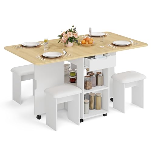 Mondeer Ensemble Table à Manger avec 4 Chaises, Ensemble Table à Manger Pliable avec 2 Tiroirs et 2 Etagères de Rangement, pour Petits Espaces, 140 x 75 x 80 cm (Bois Naturel)