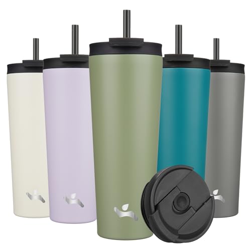 Reviews de Color Verde Militar los mejores 5. 47 Konokyo - Vaso aislado de 26 onzas con tapa y 2 pajitas de acero inoxidable, botella de agua al aspiradora, taza de café, color verde militar