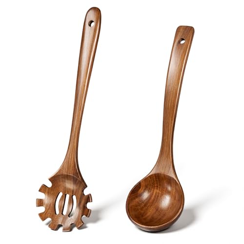 2 Pcs Wooden Spoons for Cooking Wooden Utensil Set of Soup Ladle and Spaghetti Pasta Spoon with Teeth, Natural Teak Wood Non-Stick Kitchen Utensils for Serving Collecting Gravy Sauce Noodle