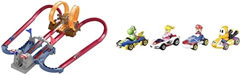 Hot-Wheels-HFY14 Hot Wheels-Mario Kart, Pista per Macchinine con Giro della Morte Veicolo + Mario Kart- ​Confezione di 4 Veicoli con 4 Personaggi alla Guida