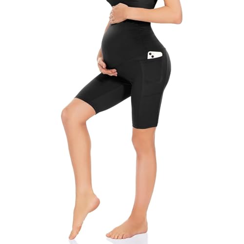 Pantalones Cortos de Maternidad para Mujeres sobre el Vientre Embarazo Pantalones Cortos de Motorista Workout Active Running Yoga Shorts (FR/ES, Letras, XL, Regular, Regular, Negro)