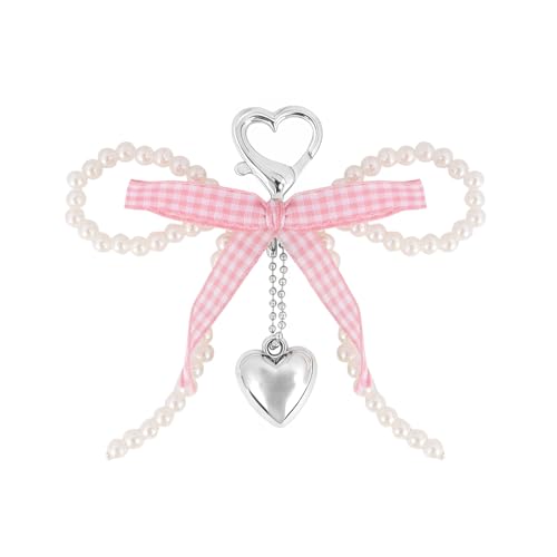 GAFATORY Pearl Bow Keychain Cute Coquette Bowknot Keychain Metal Heart Aesthetic Accessories Y 2K Beaded Charms Pink Key Chain for Bag Purse Handbag Backpack