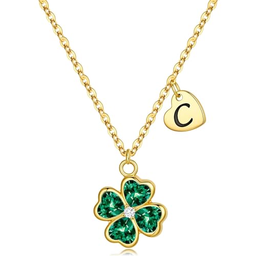 MONOOC Green Clover Necklace - Four Leaf Clover Necklaces for Women Dainty 14K-Gold-Plated Lucky Charm Necklaces Initial Letter C Necklace Lucky Jewelry Birthday Gifts for Women Friends