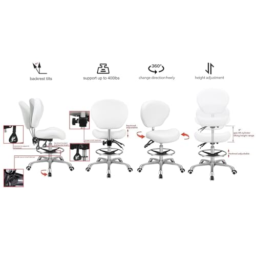 Image of Kaleurrier Adjustable Height Drafting Stool Drafting Chair with Backrest & Foot Rest,Swivel Rolling Stools for Work Studio Dental Office Salon Kitchen Counter Tall Home Desk Chairs (White)