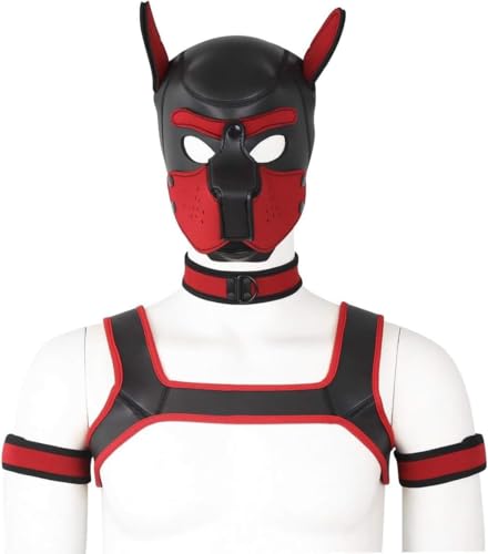 CelILucky Erwachsene Neopren Welpen Kapuze Custom Tier Kopfmaske Neuheit Kostüm Hund Kapuze Maske, Halsband, Armband und Geschirr Set (Rot)