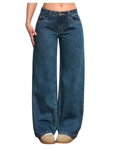GORGLITTER Girl's Baggy Jeans Low Waisted Wide Leg Casual Long Denim Pants with Pocket