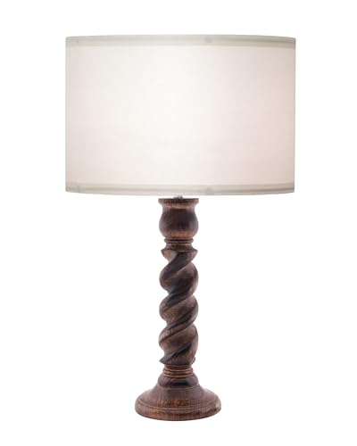 Image of Homesake Classic Twister Wooden Table Lamp with Shade | Handcrafted Bedside Lamp, E27 Holder| Bulb Included |Warm Light Night Lamp, Bedroom, Living Room, Study & Home Decor, KD Off-White Drum
