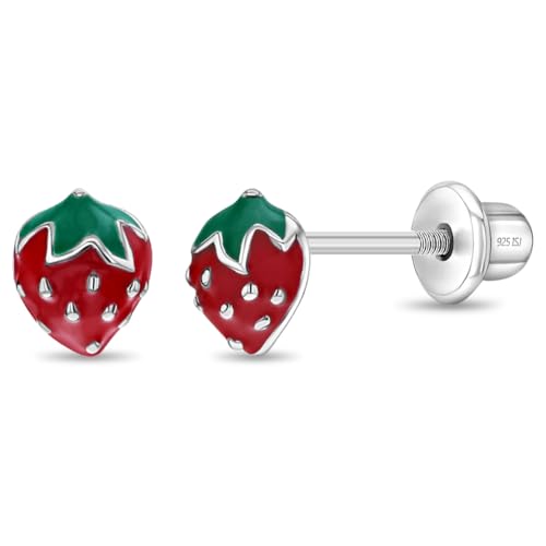 925 Sterling Silver Enamel Strawberry Stud Earrings for Toddlers & Little Girls - Stylish Strawberry Screw Backs for Girls- Colorful Fruit Screw Back Earrings for Everyday Use