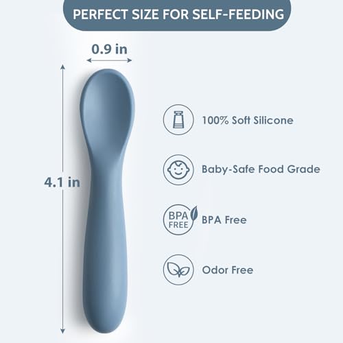 Image of 6 Pack Baby Spoons, First Stage Spoons, Shorter Length for Self Feeding, 6+ Months, Baby Training Spoons, Food Grade Silicone, Dishwasher Safe & Boil-proof