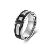 Homxi Anillos Grabados en Acero Inoxidable para Hombre, Redondo 8MM con Circonita, Anillos Plata Negro Hombre Talla 20(60mm)