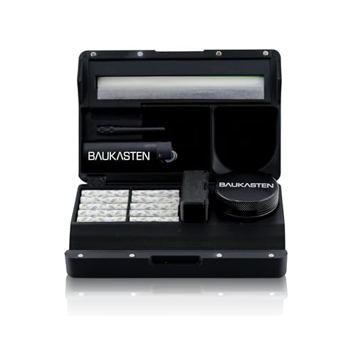 BAUKASTEN Mini mit Zubehör & Grinder - Organisierte & mobile Bau-Box mit Rolling Tray für bestes Bauen überall sicheren Transport sowie diskrete Aufbewahrung von allen Smoking Utensilien (All Black)