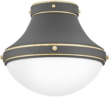 Hinkley Oliver 39051DMG Small Flush Mount Ceiling Light, Smooth Tapered Silhouette with a Rounded Etched Opal Glass Shade, in Dark Matte Grey and Bright Brass Accents