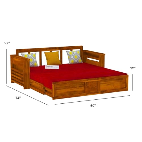 Image of Mamta Furniture Solid Wood Foster 3 Seater Sofa Cum Bed with 40 Density Cushions for Living Room, Three Seater Queen Size Sofa Bed for Home, Sofa Com Bed, Sheesham Wood Honey Finish