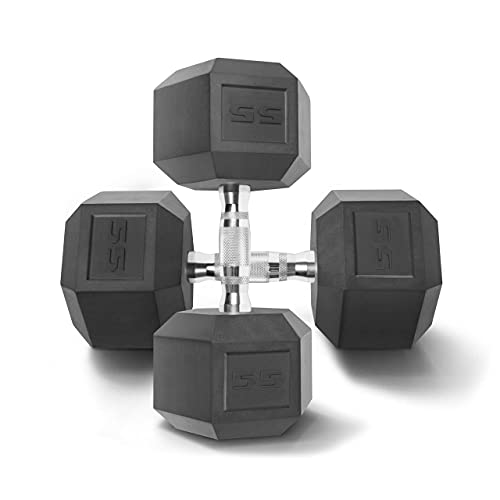 WF Athletic Supply Rubber Encased Hex Dumbbells with Contoured Chrome Handle, Full Body Workout & Strength Training, Weight Size Options Available from 3 to 120Lbs, Sold in Pairs