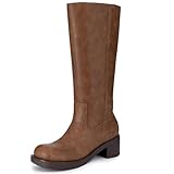 Athlefit Brown Knee High Boots for Women Chunky Heel Fall Tall Boots Square Toe Pull On Platform Casual Long Booties Size 8