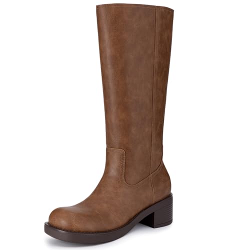Athlefit Brown Knee High Boots for Women Chunky Heel Fall Tall Boots Square Toe Pull On Platform Casual Long Booties Size 8