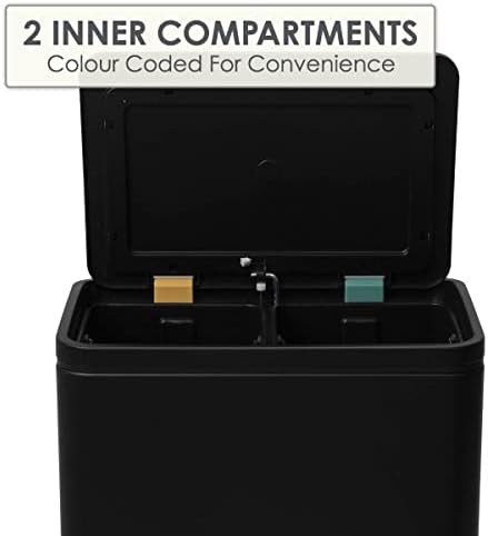 CALITEK Recycling Bin 30 litres with 2 Compartment Kitchen Pedal Bin 2 x 15 L Waste Separation System with Soft Close Lid Odour Proof and Removable Inner Bucket (Black)