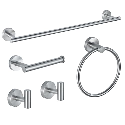 Níquel Cepillado Juego de 5 Piezas SUS304 Acero Inoxidable Toallero Barra de 60 cm Toallero Anillo Gancho Albornoz Montaje en Pared Accesorios de Baño para Baño Moderno