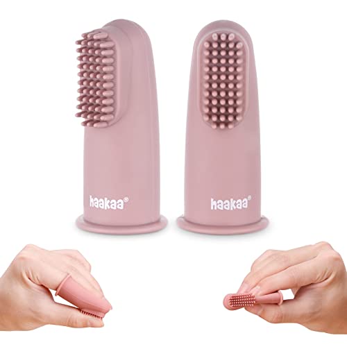 Image of haakaa Silicone Baby Finger Toothbrush Set - Ultra Soft Bristles for Baby Oral Gum Cleaning| Baby Teething Training| Newborn Oral Massager, BPA Free,2PK - 0m+Babies - Blush