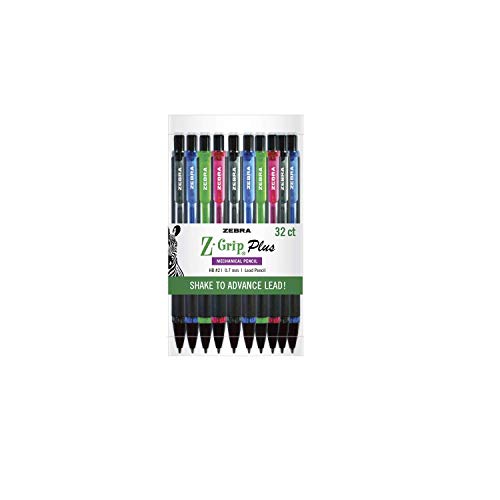 Zebra Z-Grip Plus Mechanical Pencils, Shake Advance Technology, 0.7mm Point Size, Refillable, Assorted Colors, 32-Count
