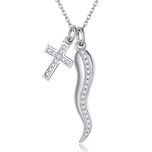 Collier corne italienne en argent 925 avec trèfle porte-bonheur pour homme et femme