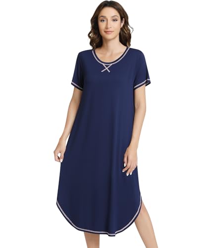 Image of NACHILA Women's Nightgowns-Viscose Made from Bamboo,Short Sleeve Sleepshirts Crew Neck Nightshirt Soft Sleep Dress