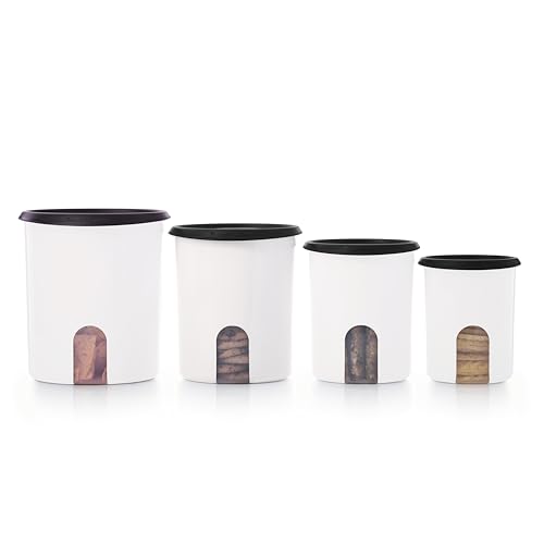 Image of Tupperware One Touch Reminder Canisters 4 Canister Food Storage Set in White & Black, Dishwasher Safe and BPA Free, (4 Containers, 4 Lids)