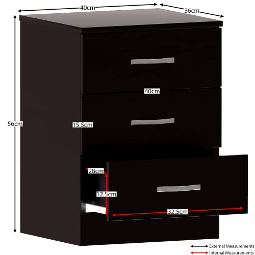 Vida Designs Large Black Chest of Drawers, 3 Drawer With Metal Handles and Runners, Unique Anti-Bowing Drawer Support, Riano Bedroom Furniture - Image 4